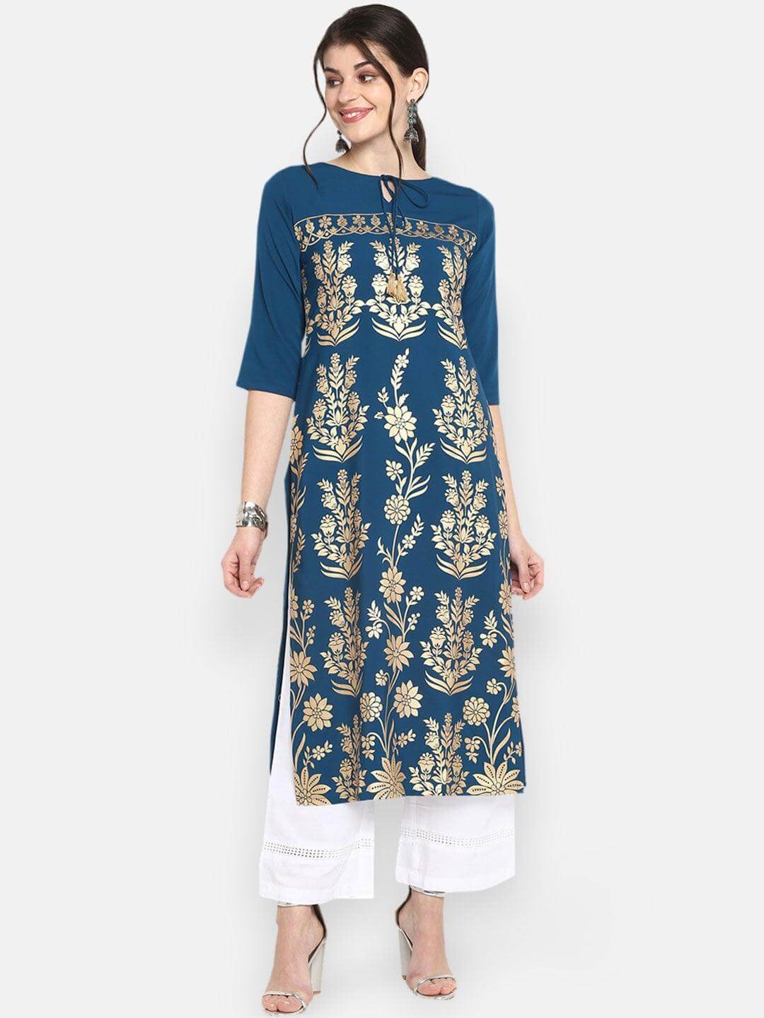 Teal Blue Poly Crepe Gold Print Straight Kurta