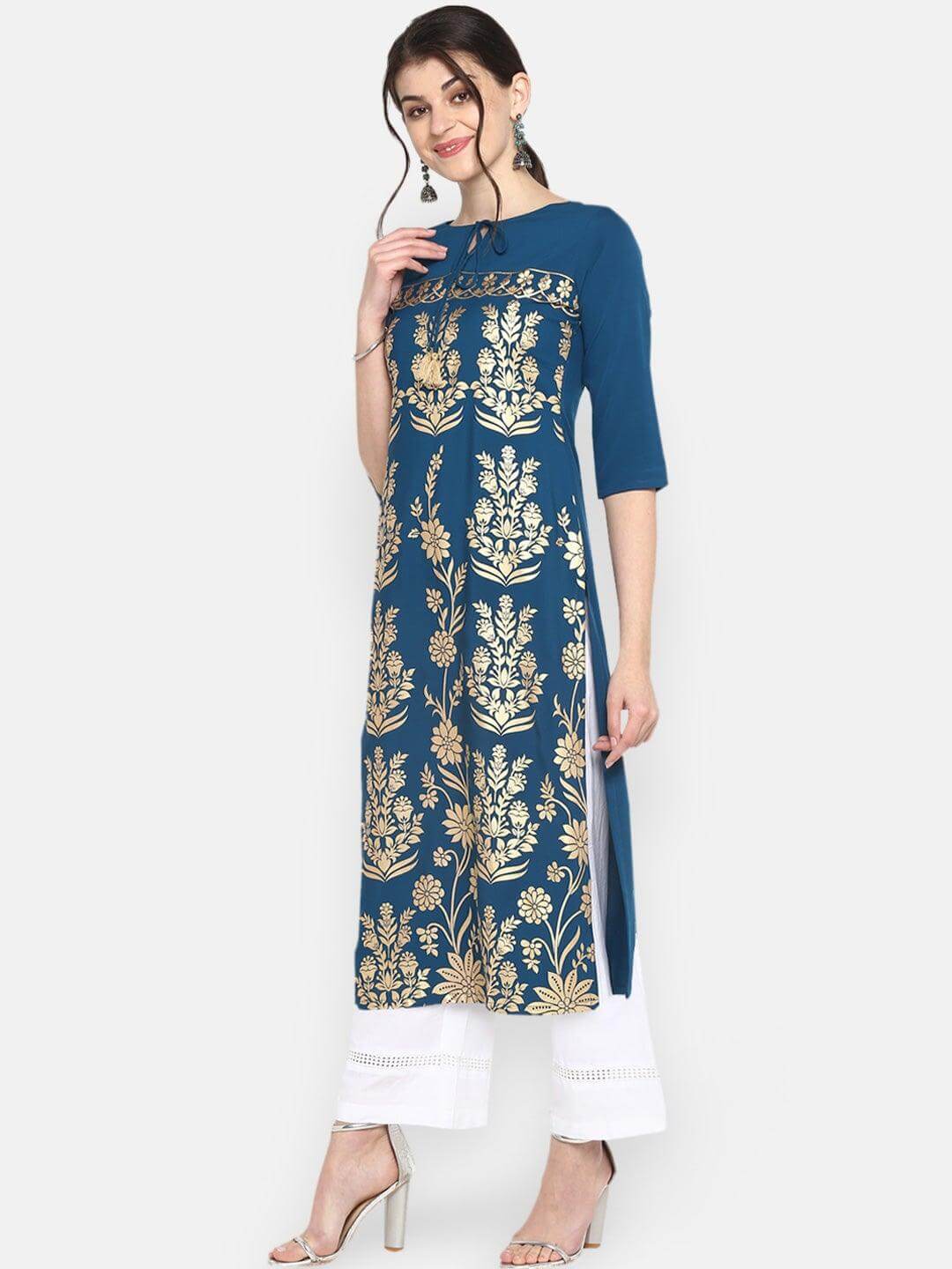 Teal Blue Poly Crepe Gold Print Straight Kurta