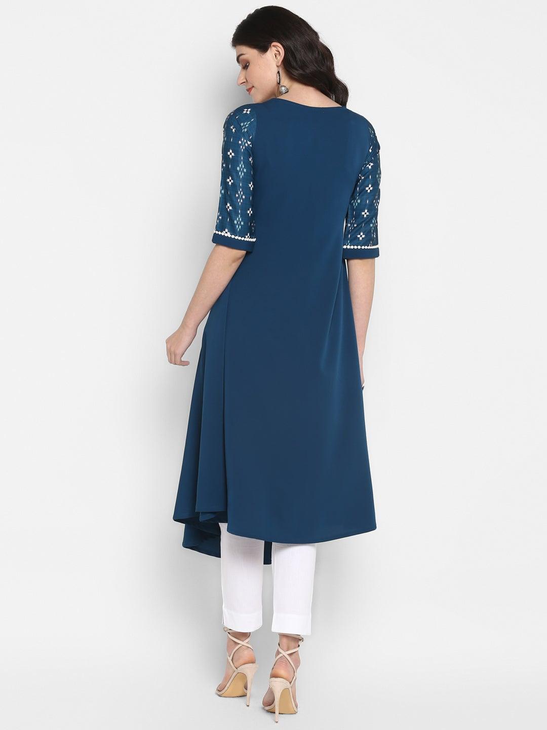 Teal Poly Crepe Digital Print High Low Kurta