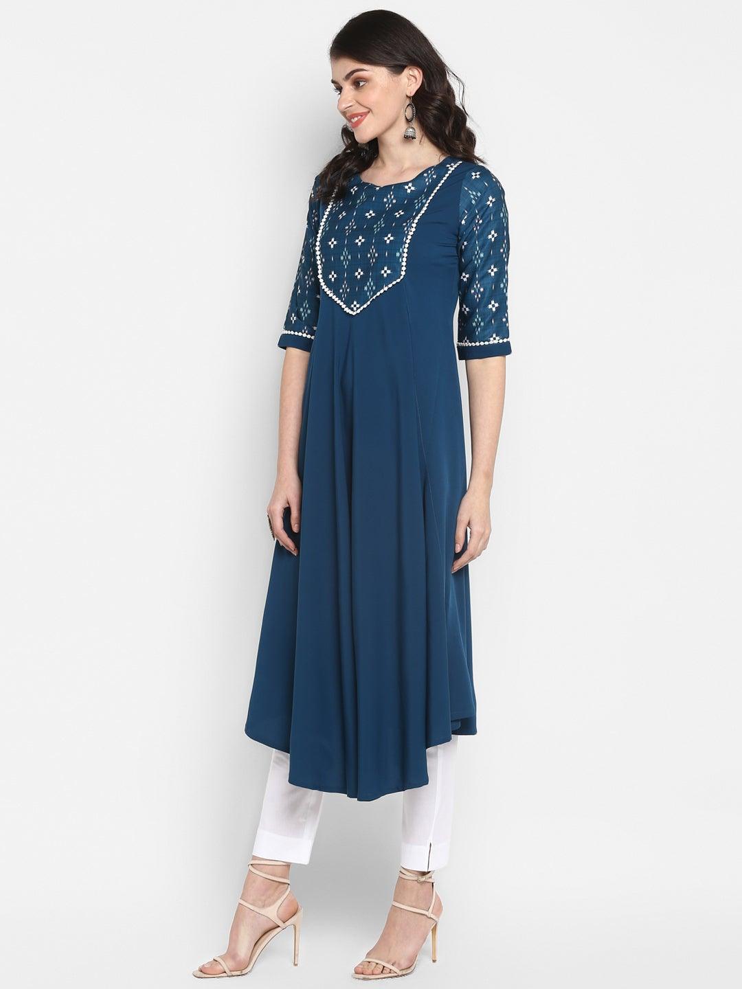 Teal Poly Crepe Digital Print High Low Kurta