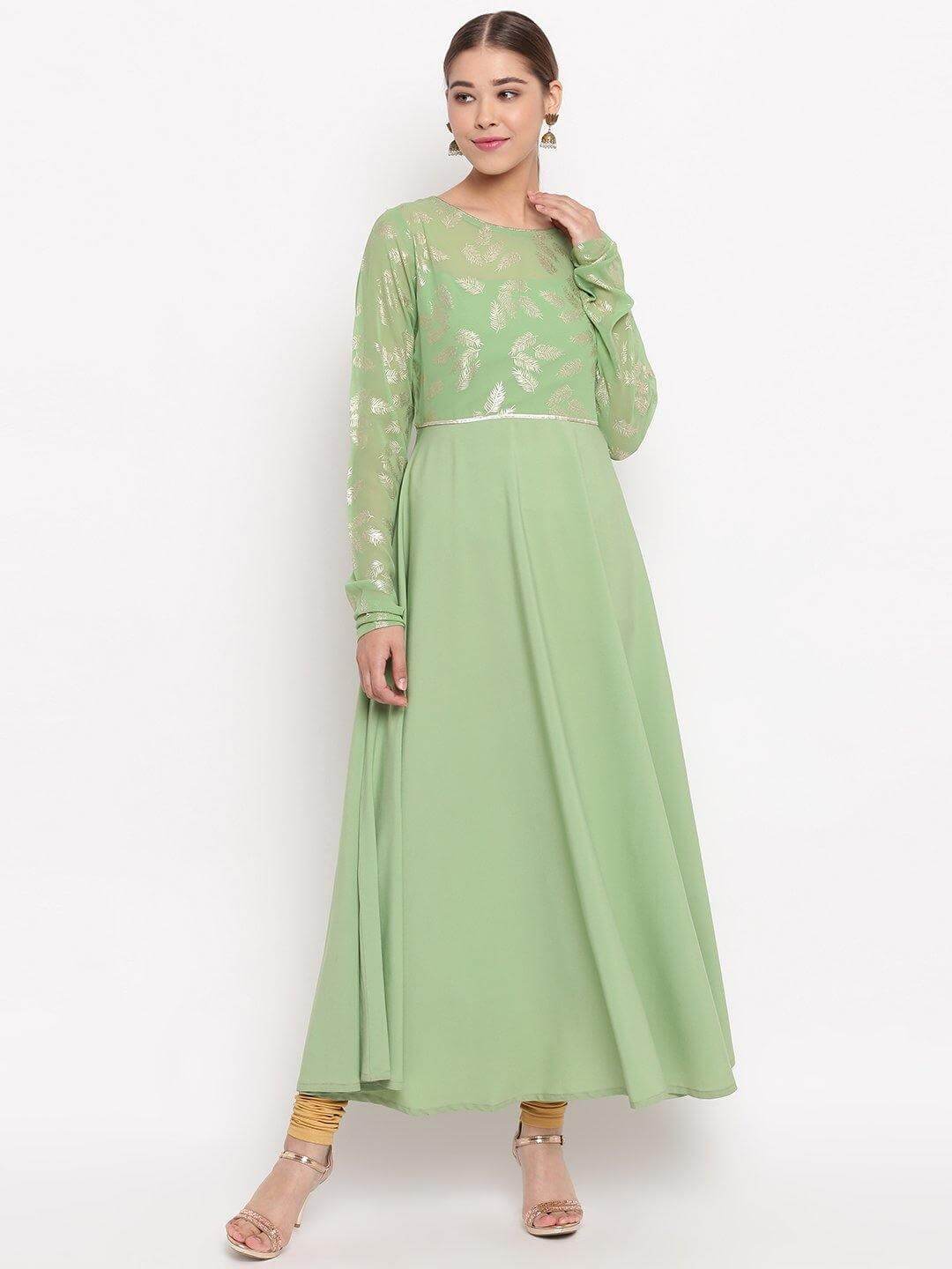 Light Green Poly Crepe Botanical Print Gown Kurta