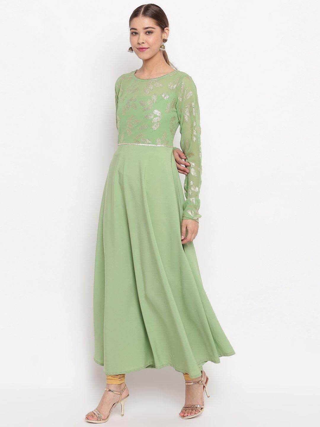 Light Green Poly Crepe Botanical Print Gown Kurta