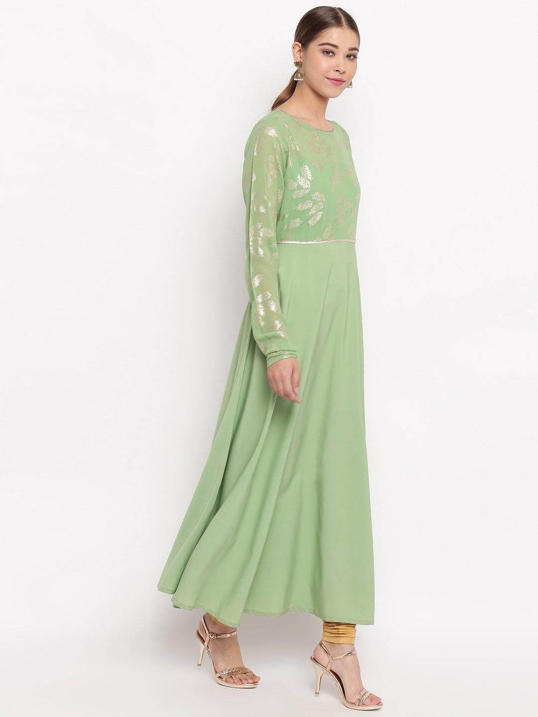 Light Green Poly Crepe Botanical Print Gown Kurta