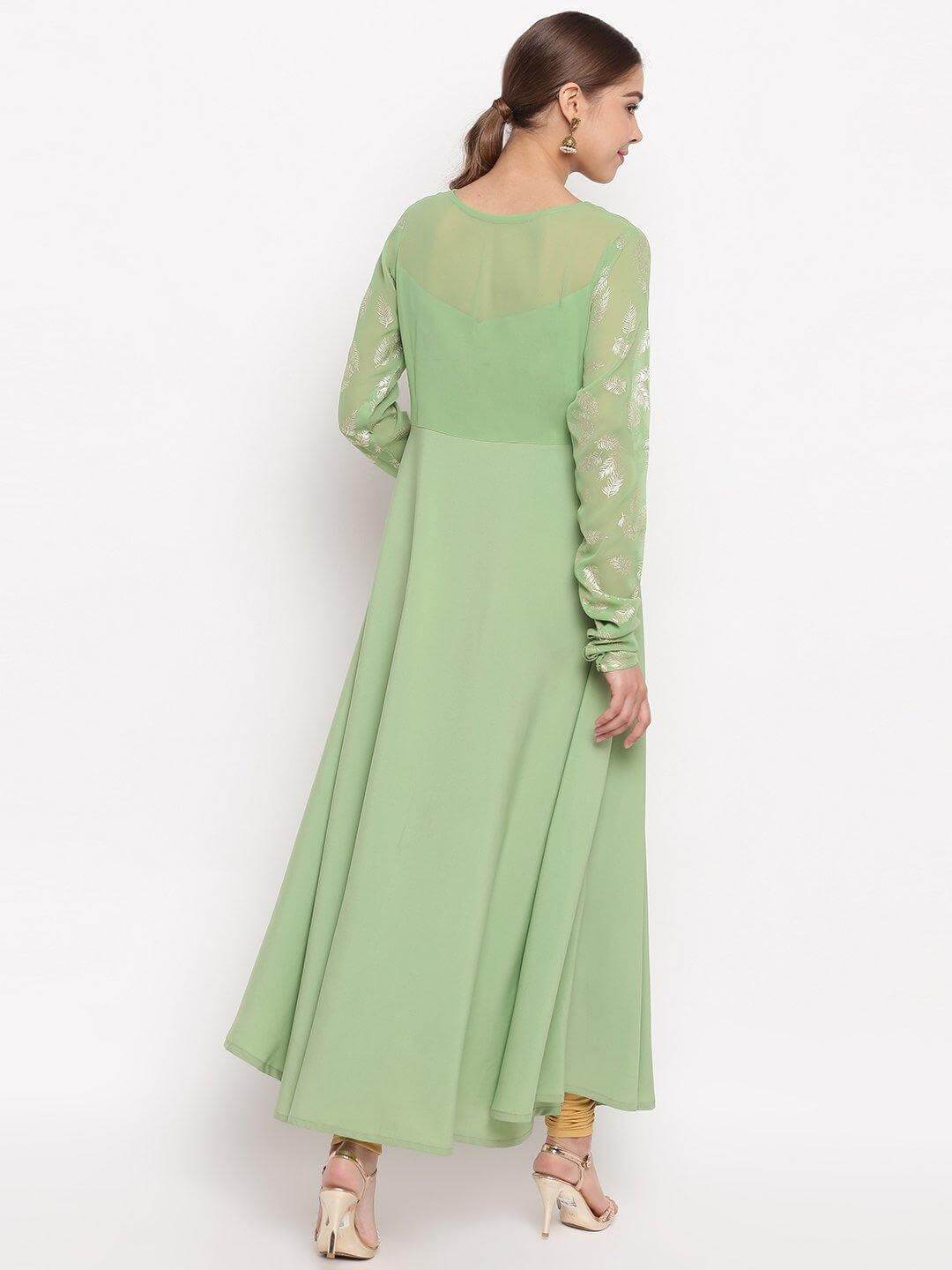 Light Green Poly Crepe Botanical Print Gown Kurta