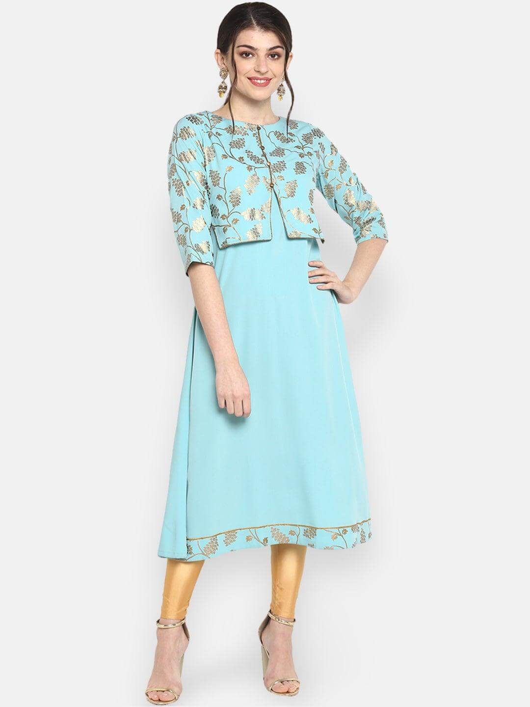 Aqua Blue Poly Crepe Gold Print A-Line With Attached Jacket Kurta