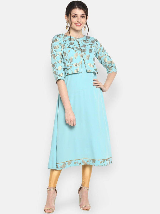Aqua Blue Poly Crepe Gold Print A-Line With Attached Jacket Kurta