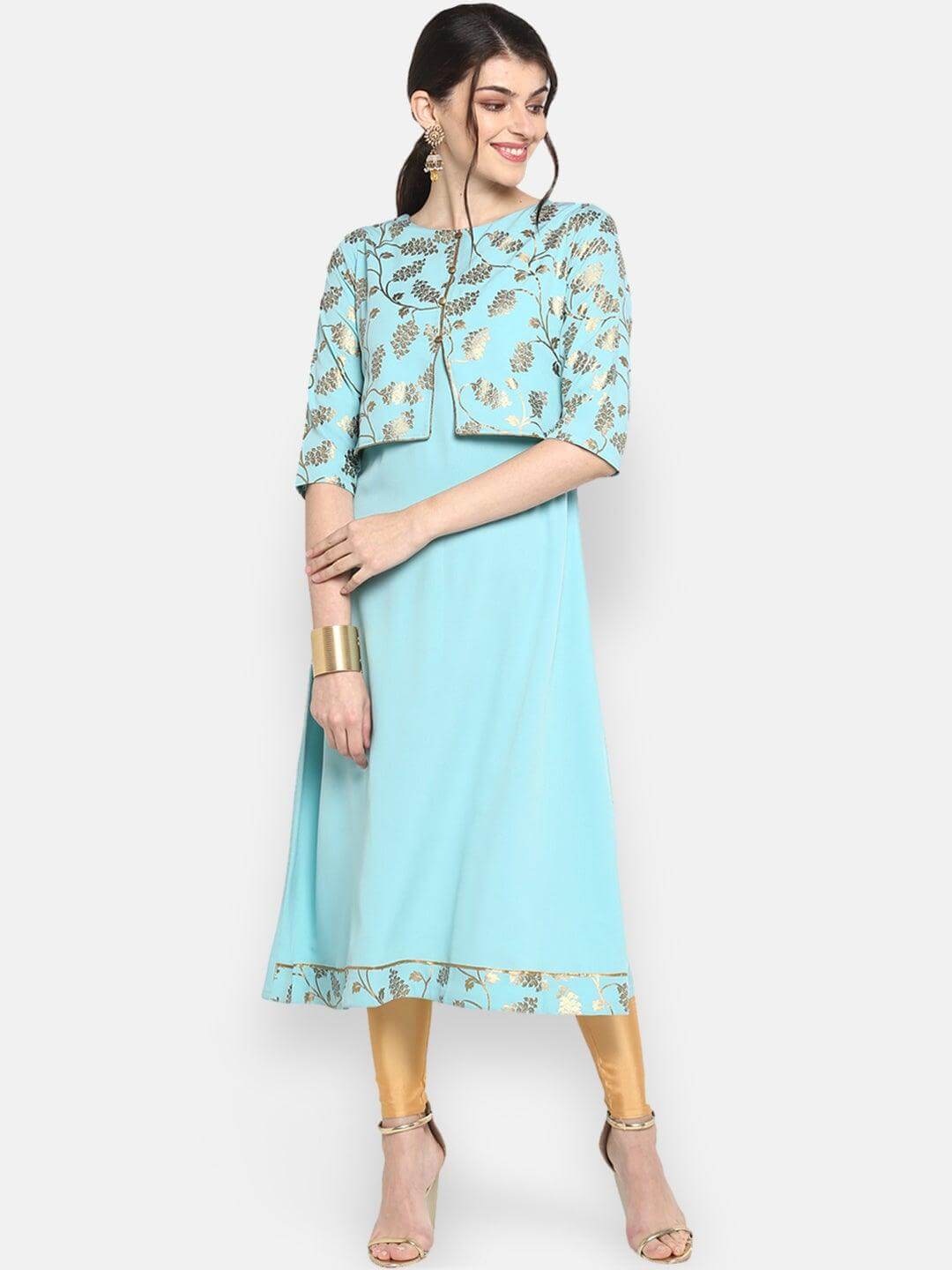 Aqua Blue Poly Crepe Gold Print A-Line With Attached Jacket Kurta