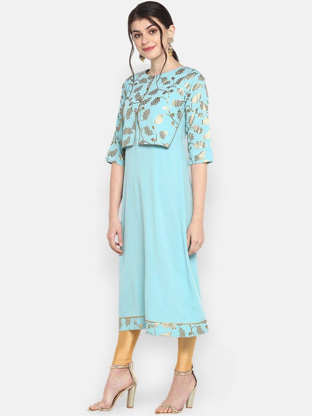 Aqua Blue Poly Crepe Gold Print A-Line With Attached Jacket Kurta