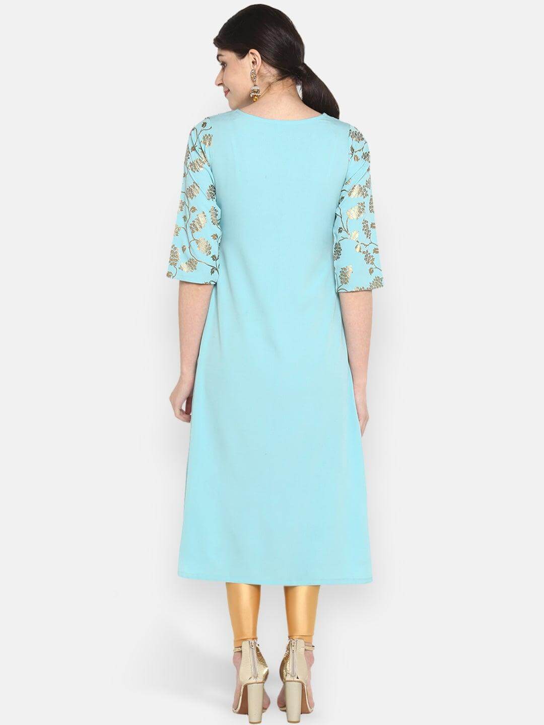 Aqua Blue Poly Crepe Gold Print A-Line With Attached Jacket Kurta