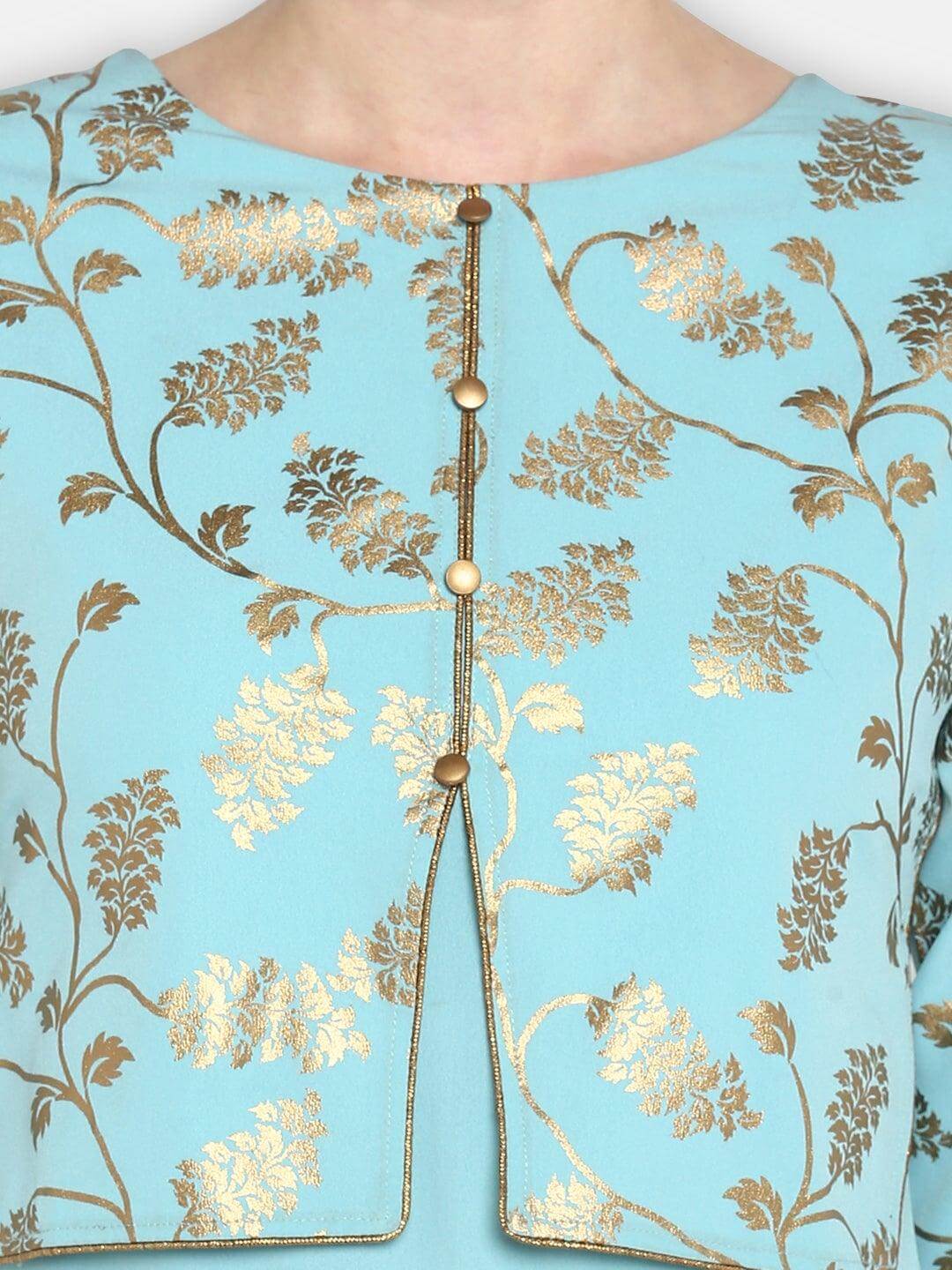 Aqua Blue Poly Crepe Gold Print A-Line With Attached Jacket Kurta