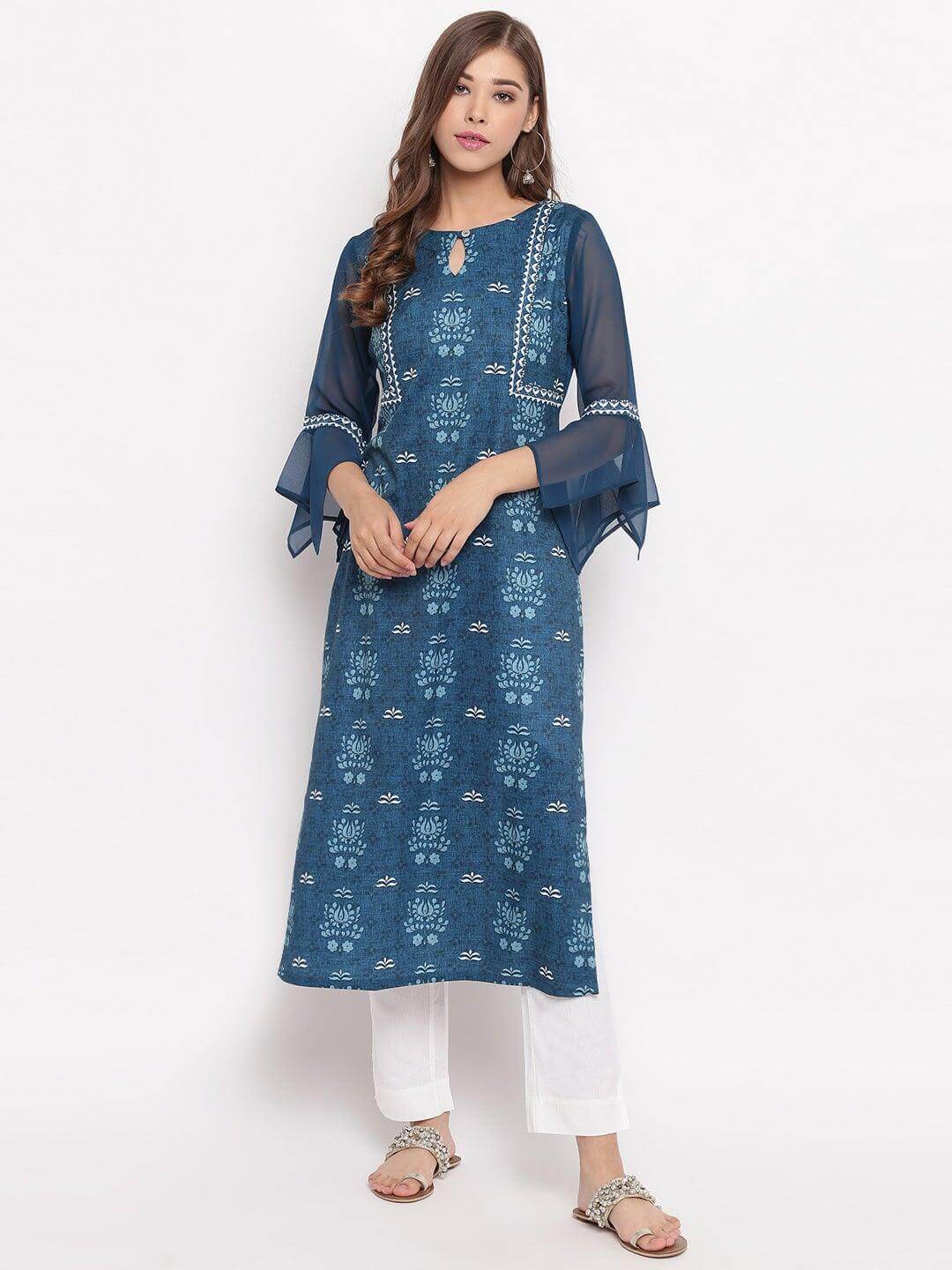 Teal Poly Crepe Digital Print Straight Kurta