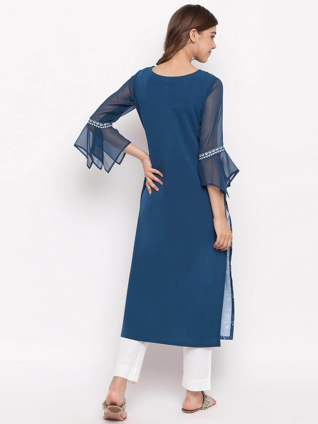 Teal Poly Crepe Digital Print Straight Kurta
