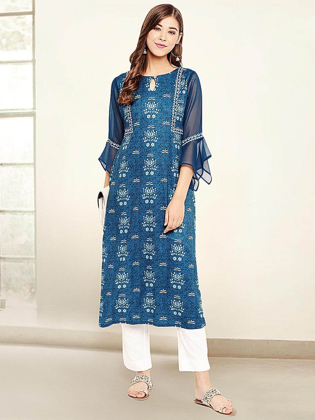 Teal Poly Crepe Digital Print Straight Kurta