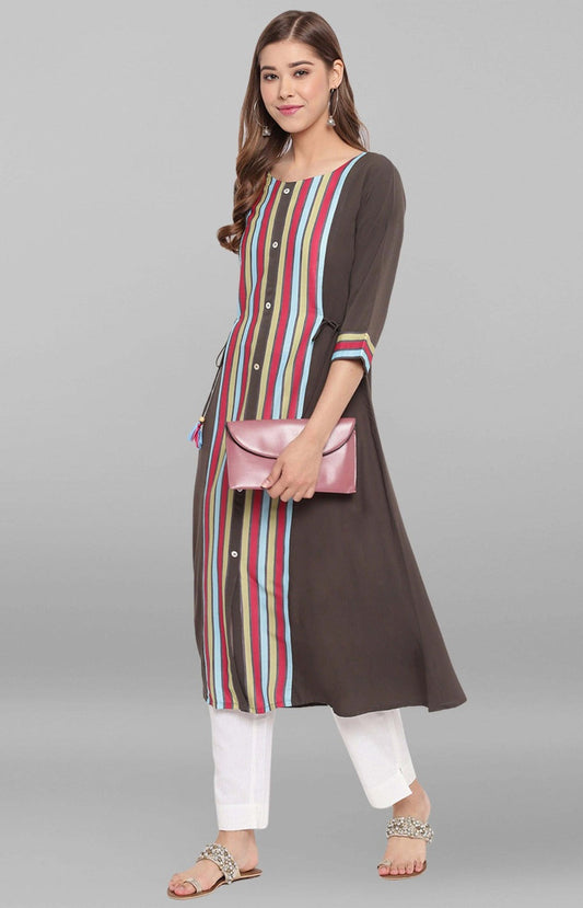 Olive Green Poly Crepe Striped A-line Kurta