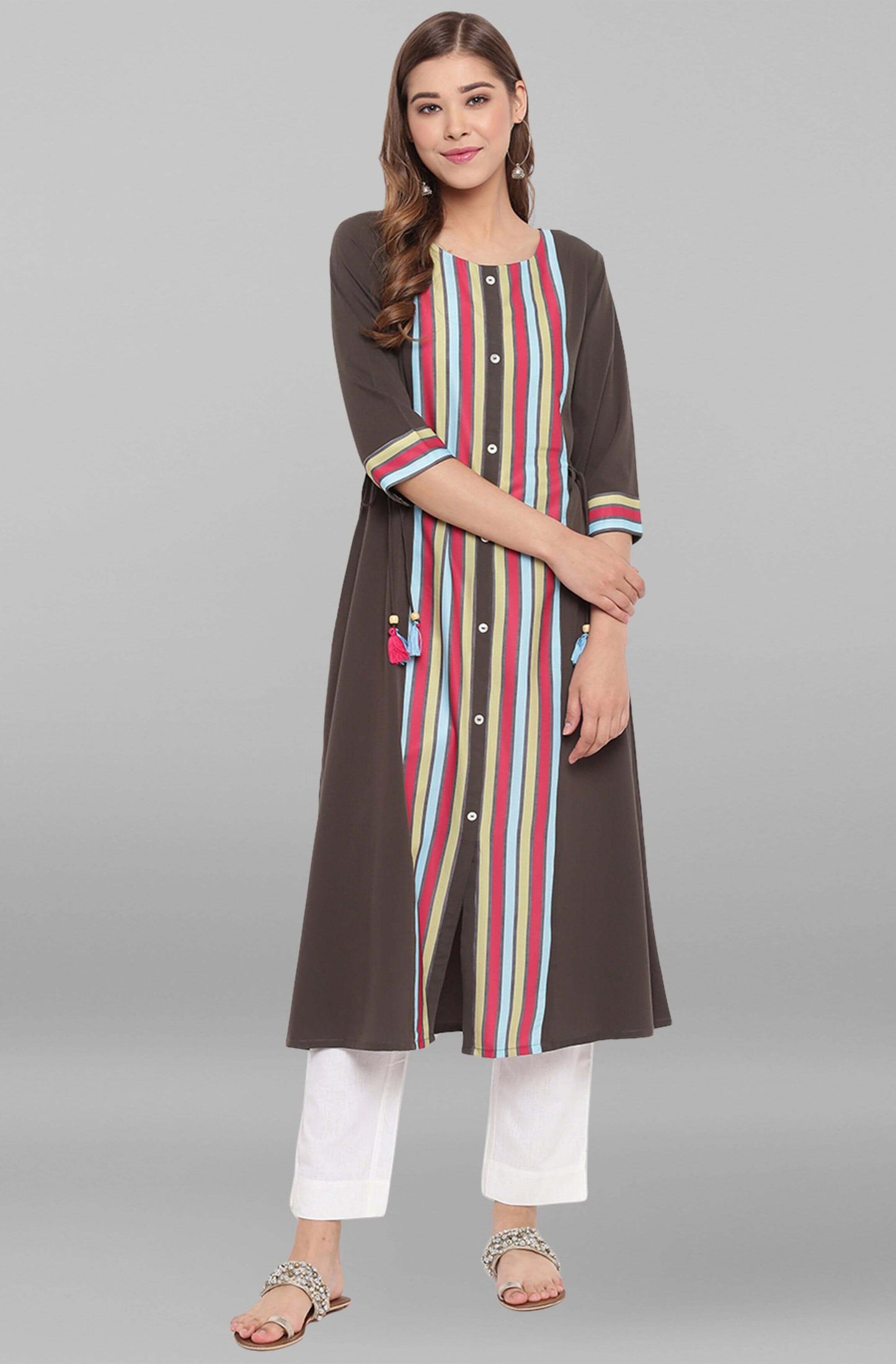 Olive Green Poly Crepe Striped A-line Kurta