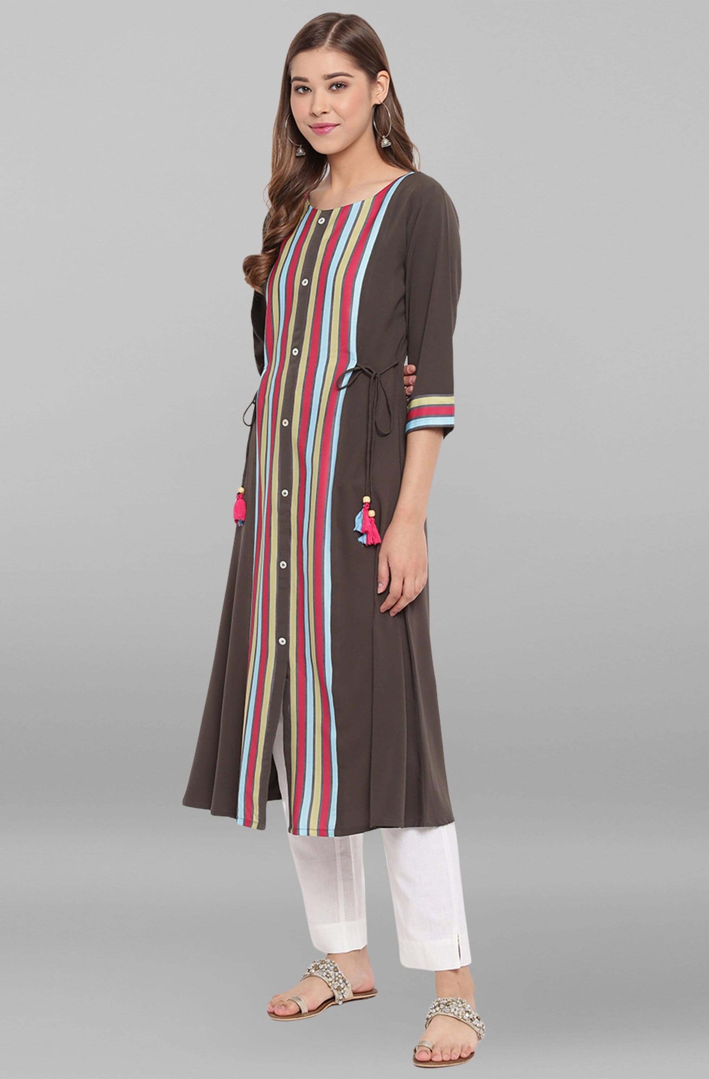Olive Green Poly Crepe Striped A-line Kurta
