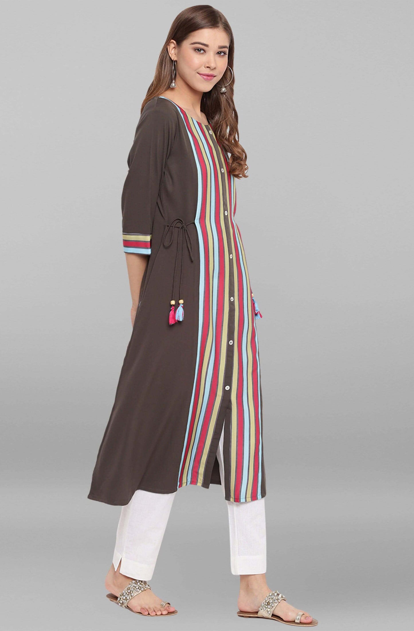 Olive Green Poly Crepe Striped A-line Kurta