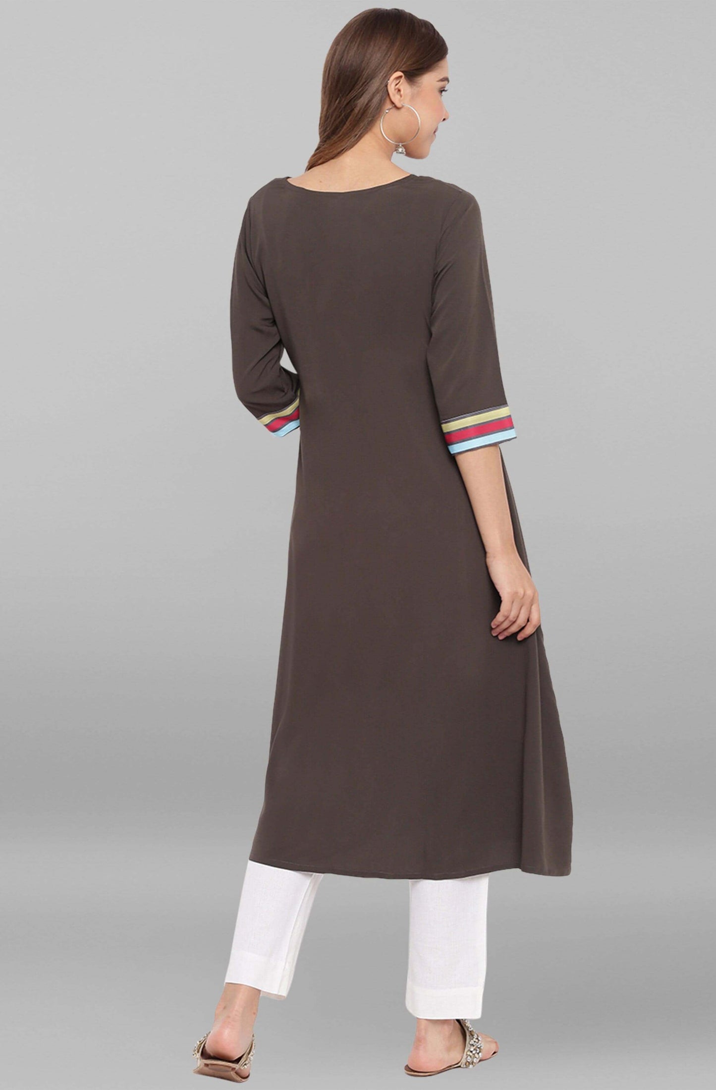 Olive Green Poly Crepe Striped A-line Kurta