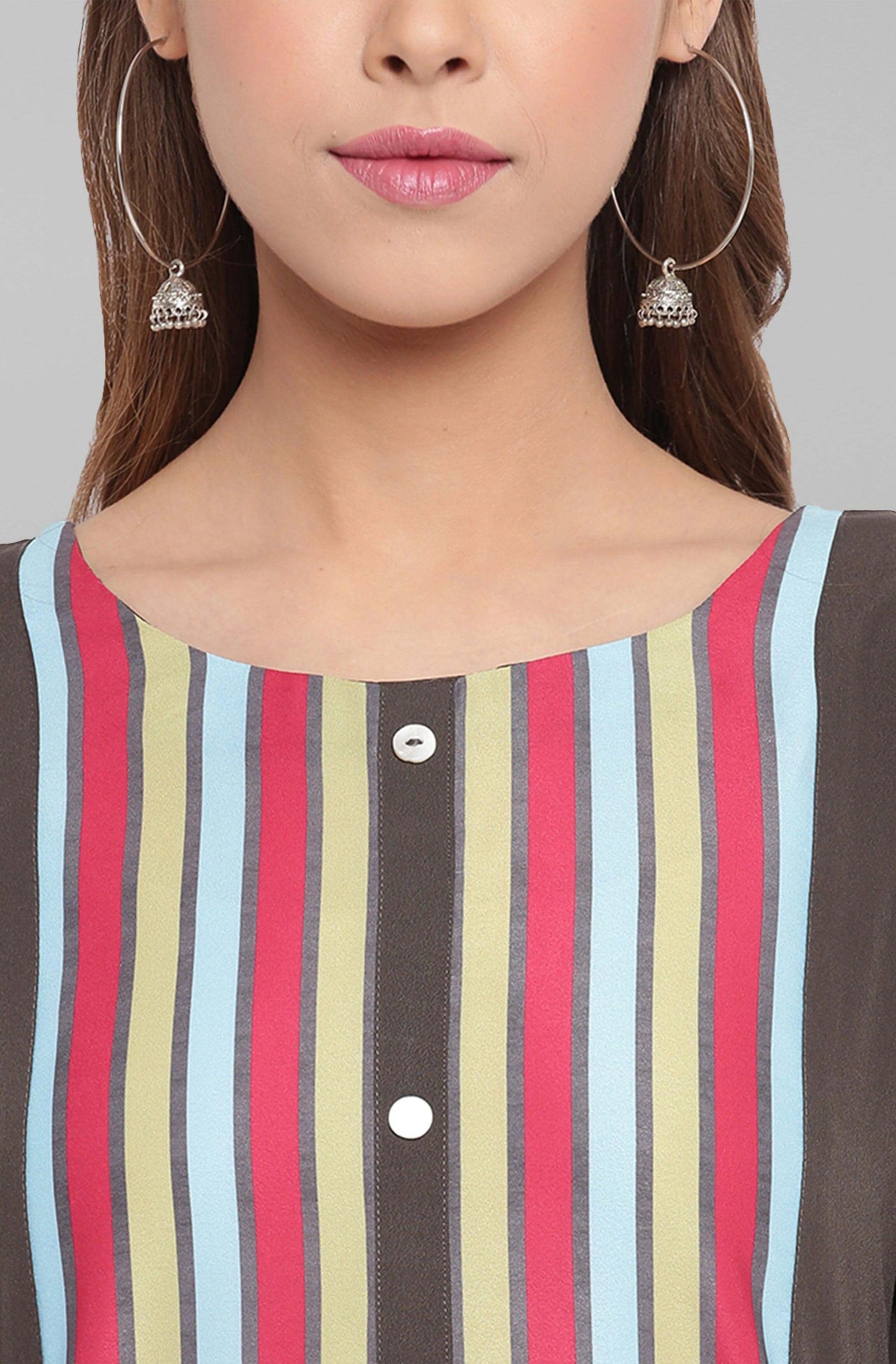Olive Green Poly Crepe Striped A-line Kurta
