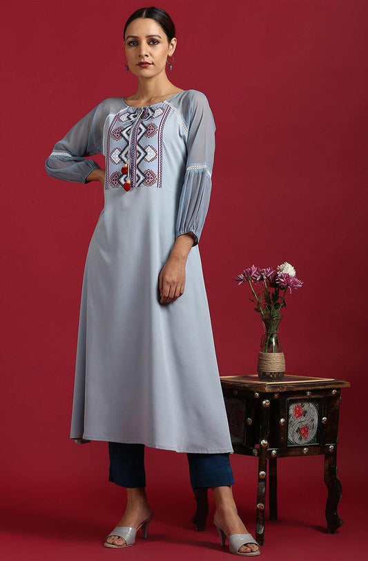 Grey Poly Crepe Digital Print A-line Kurta