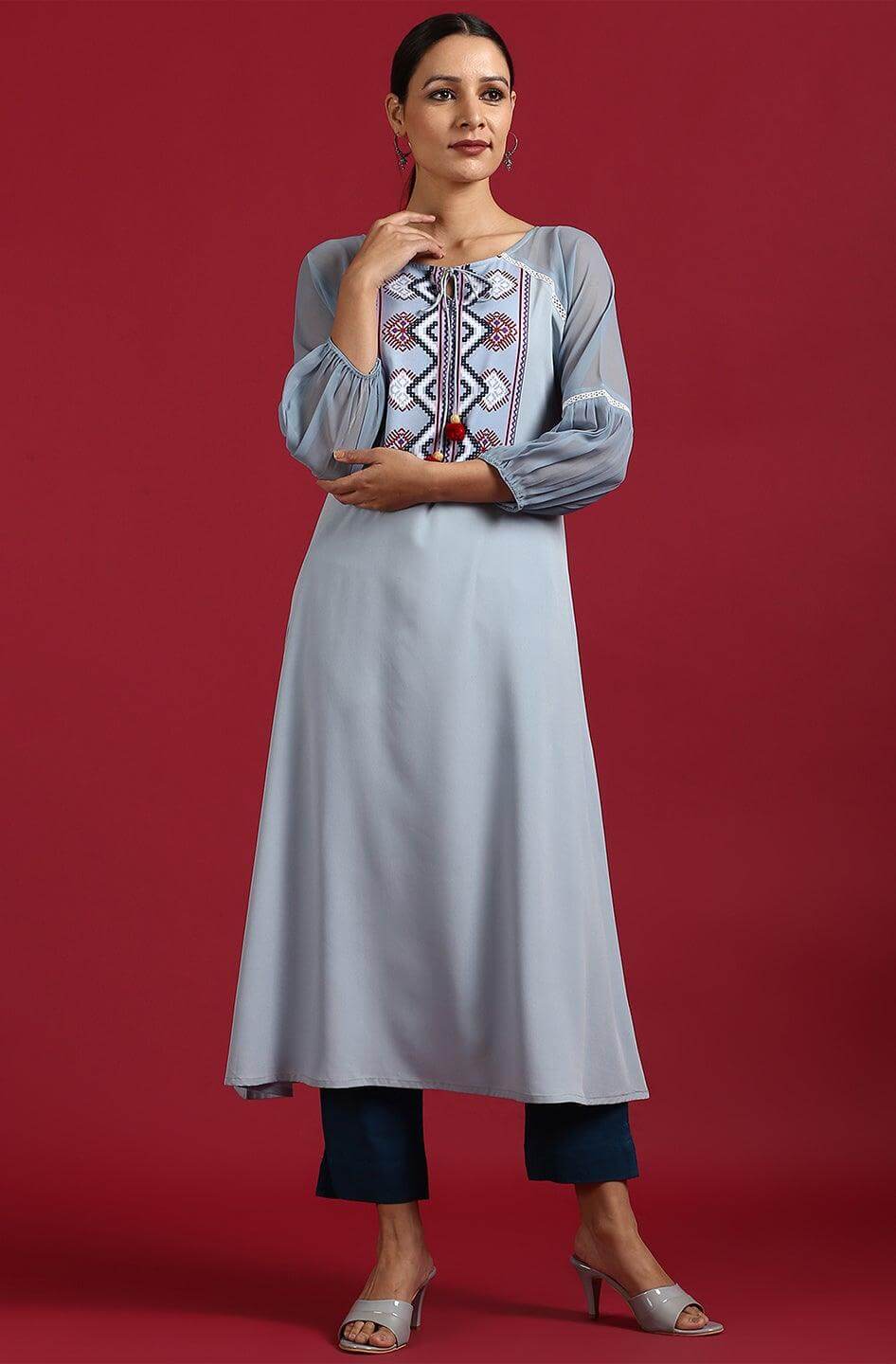 Grey Poly Crepe Digital Print A-line Kurta