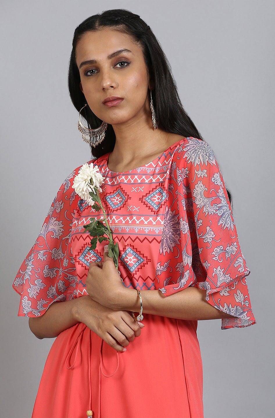 Coral Poly Crepe Digital Print Flared Kurta