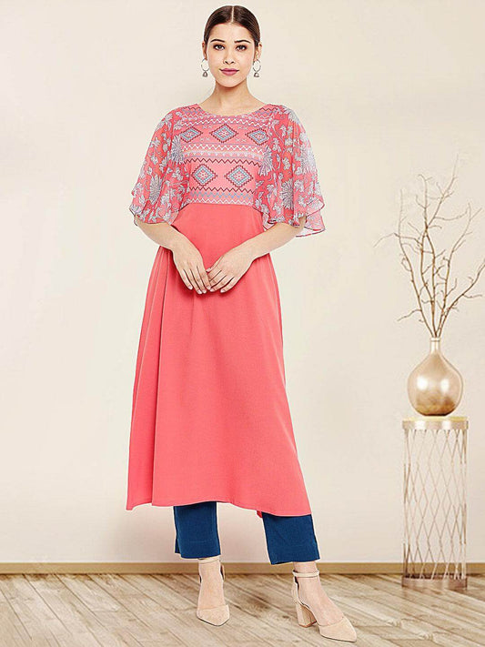 Coral Poly Crepe Digital Print Flared Kurta