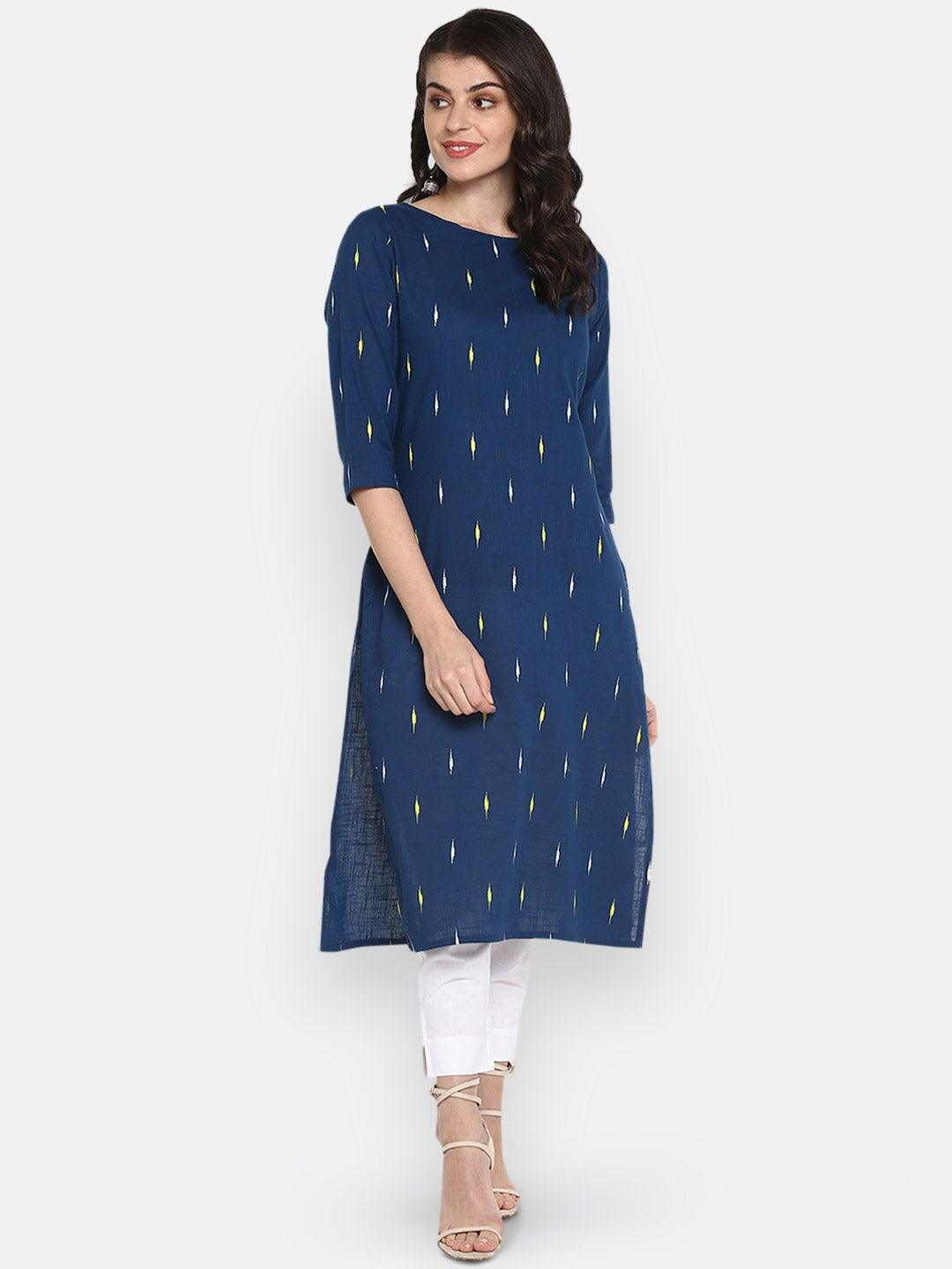 Blue Cotton Printed Straight Kurta