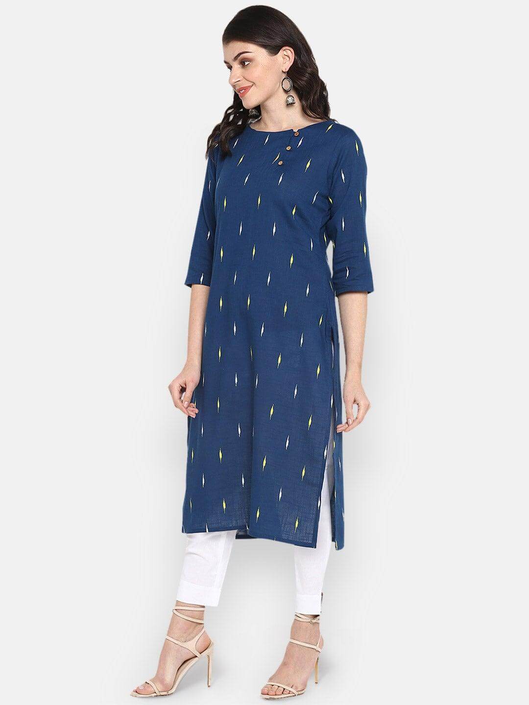 Blue Cotton Printed Straight Kurta