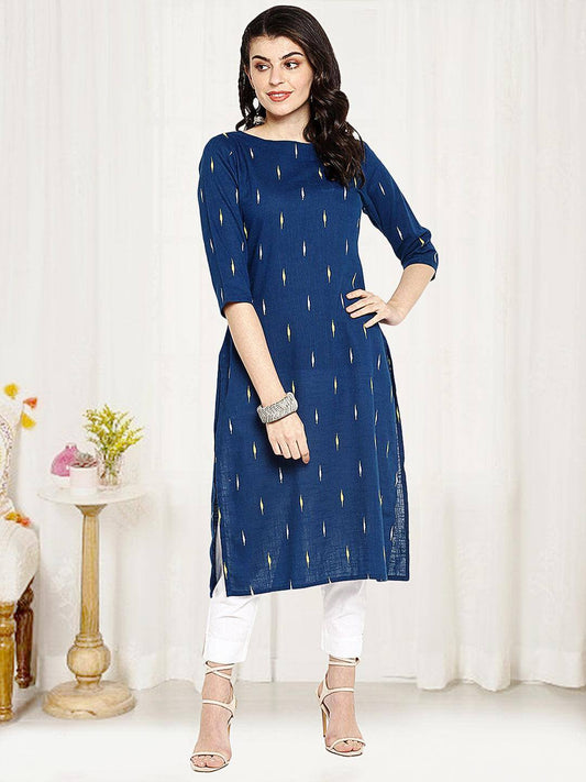 Blue Cotton Printed Straight Kurta