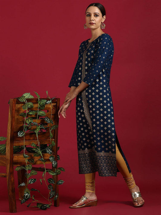 Dark Blue Rayon Ethnic Motifs Straight Kurta
