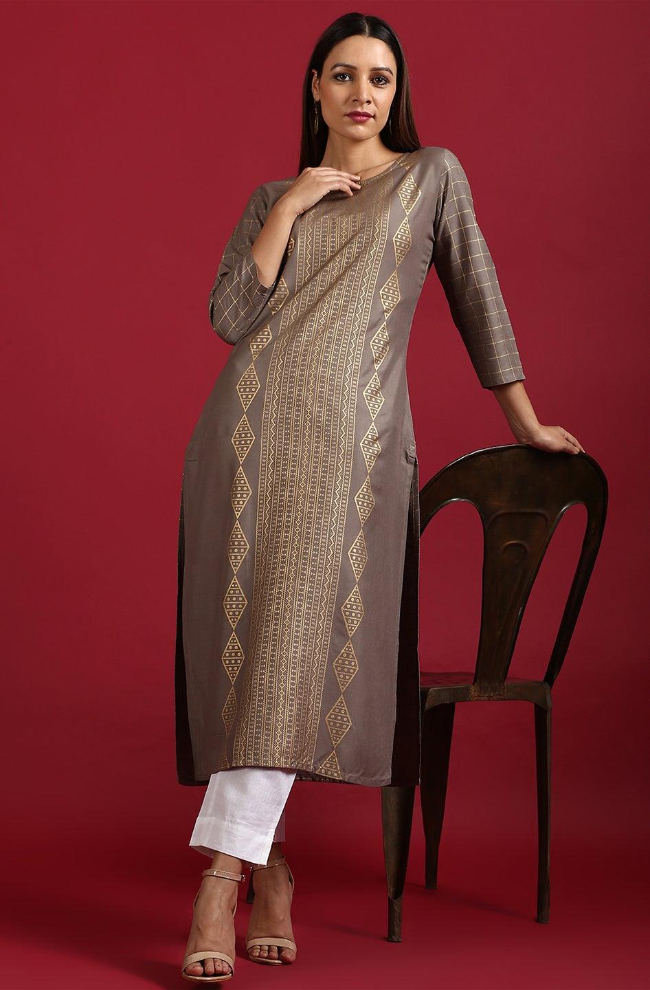 Grey Rayon Ethnic Motifs Straight Kurta