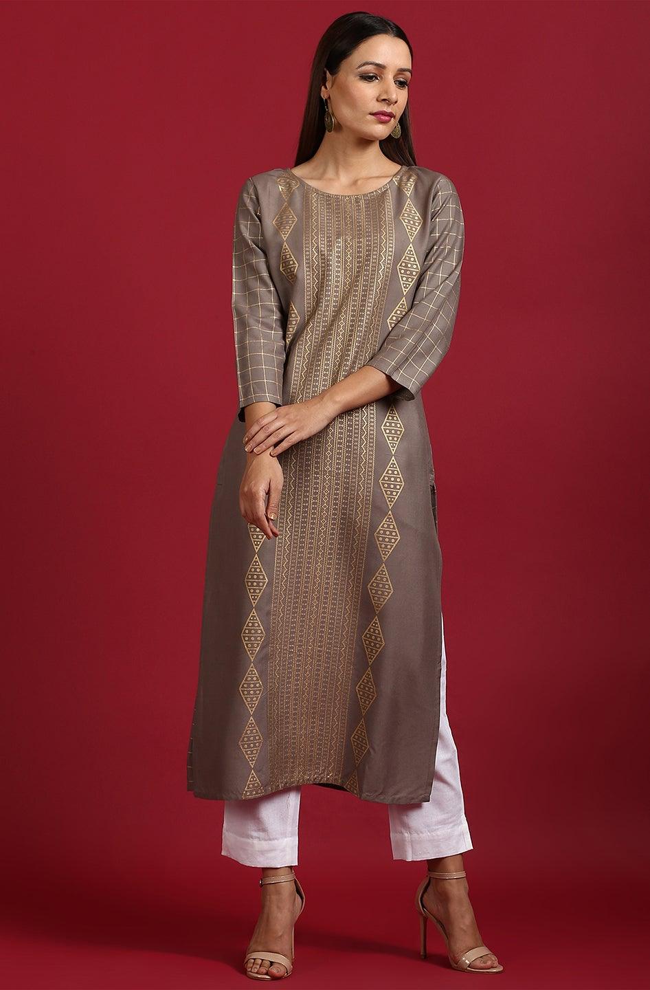 Grey Rayon Ethnic Motifs Straight Kurta