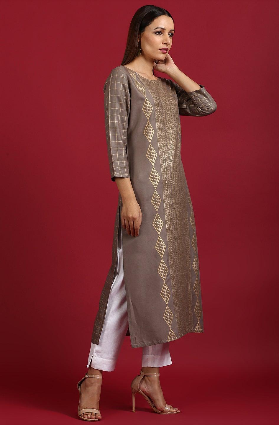 Grey Rayon Ethnic Motifs Straight Kurta