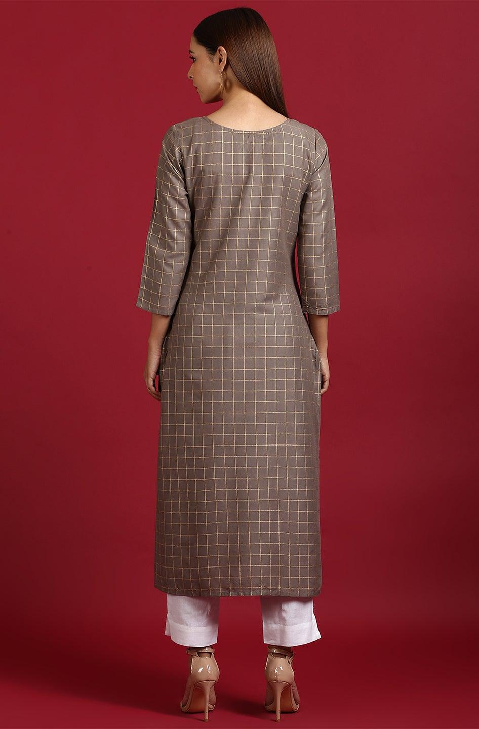 Grey Rayon Ethnic Motifs Straight Kurta