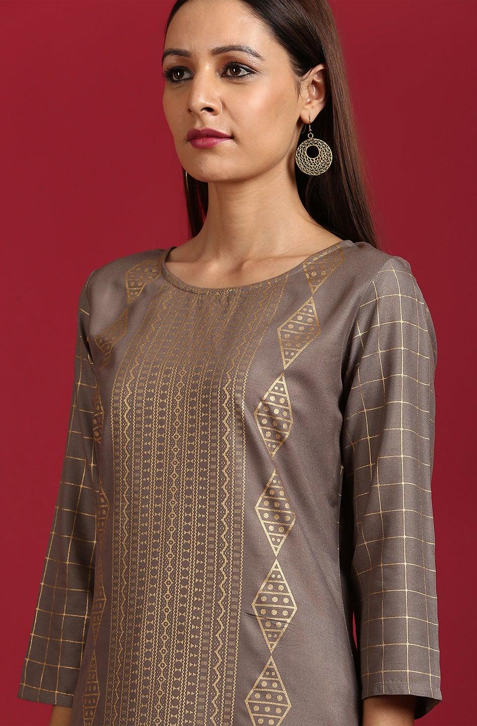 Grey Rayon Ethnic Motifs Straight Kurta