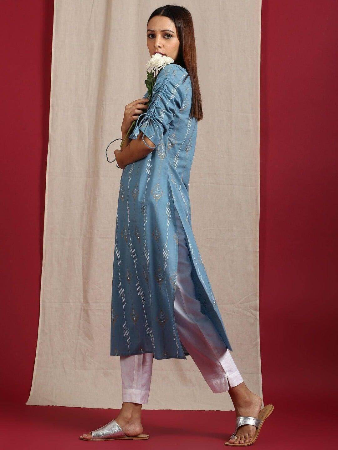 Turquoise Blue Cotton Ethnic Motifs Straight Kurta