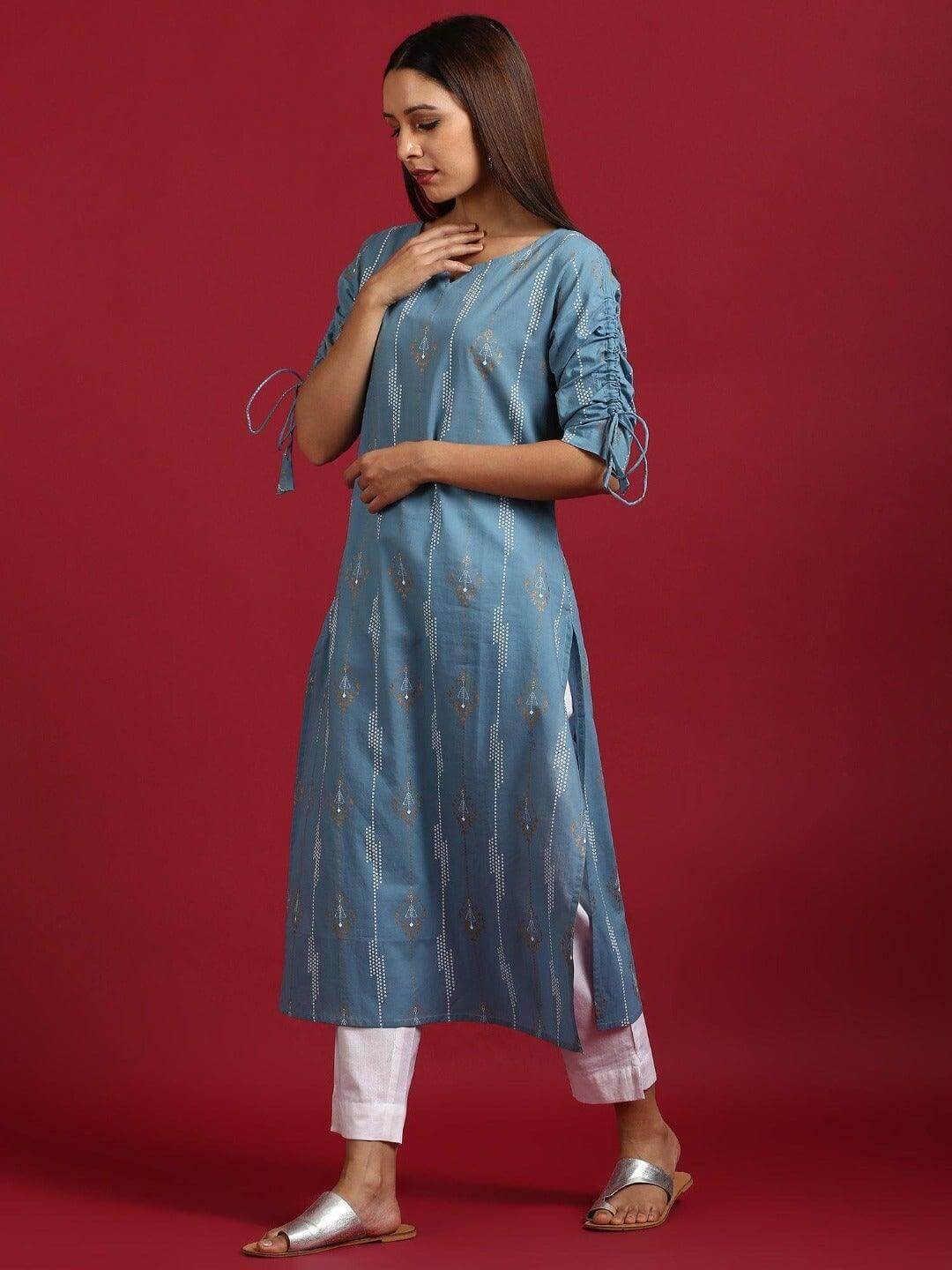 Turquoise Blue Cotton Ethnic Motifs Straight Kurta