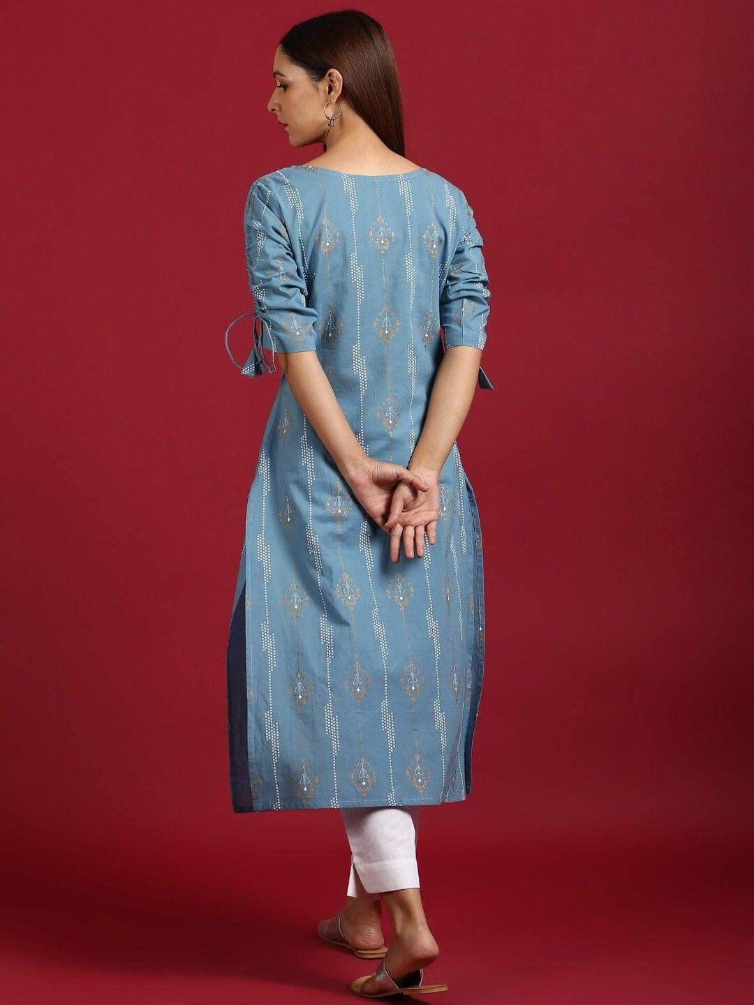 Turquoise Blue Cotton Ethnic Motifs Straight Kurta