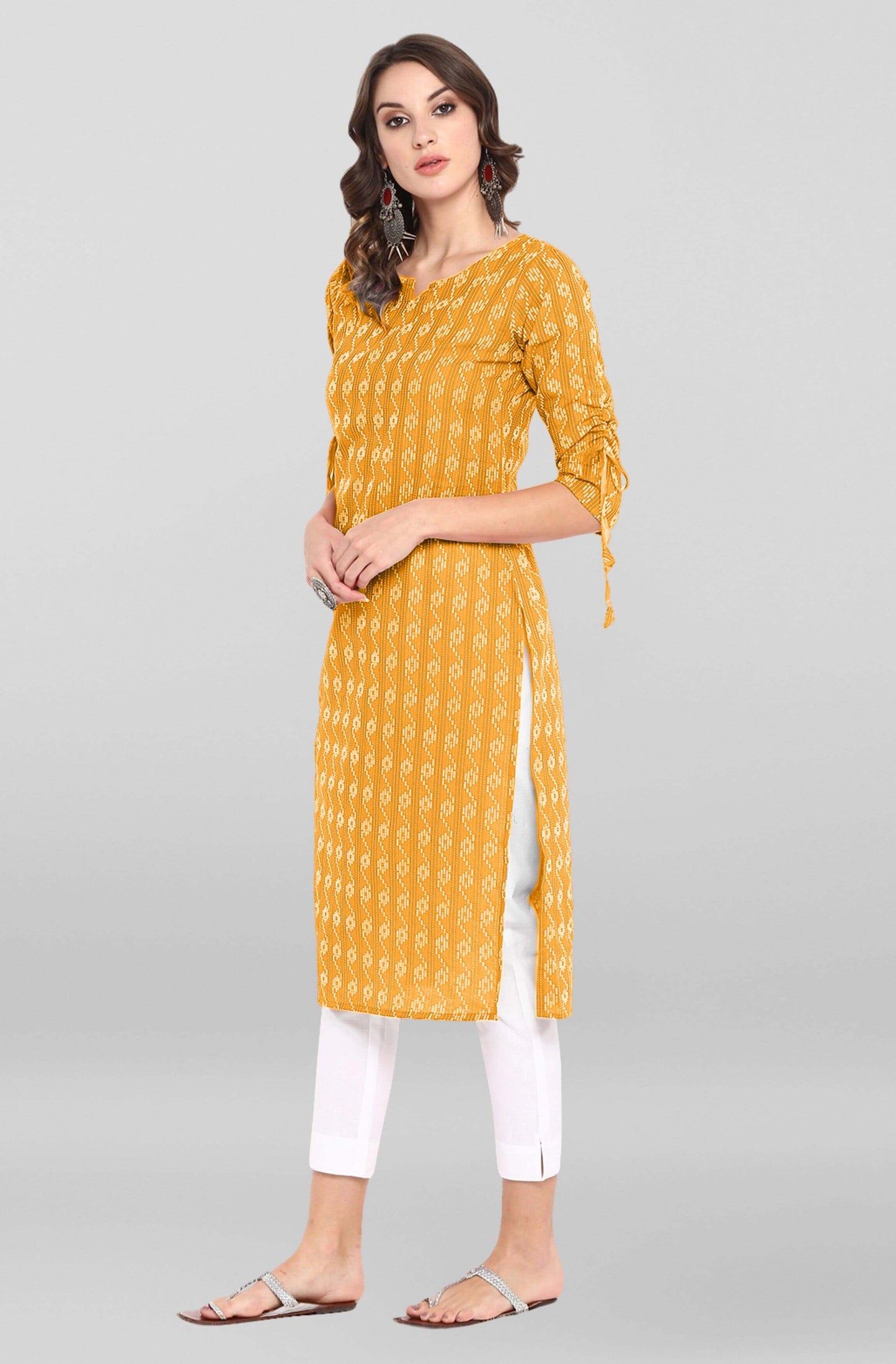 Yellow Cotton Woven Design Straight Kurta
