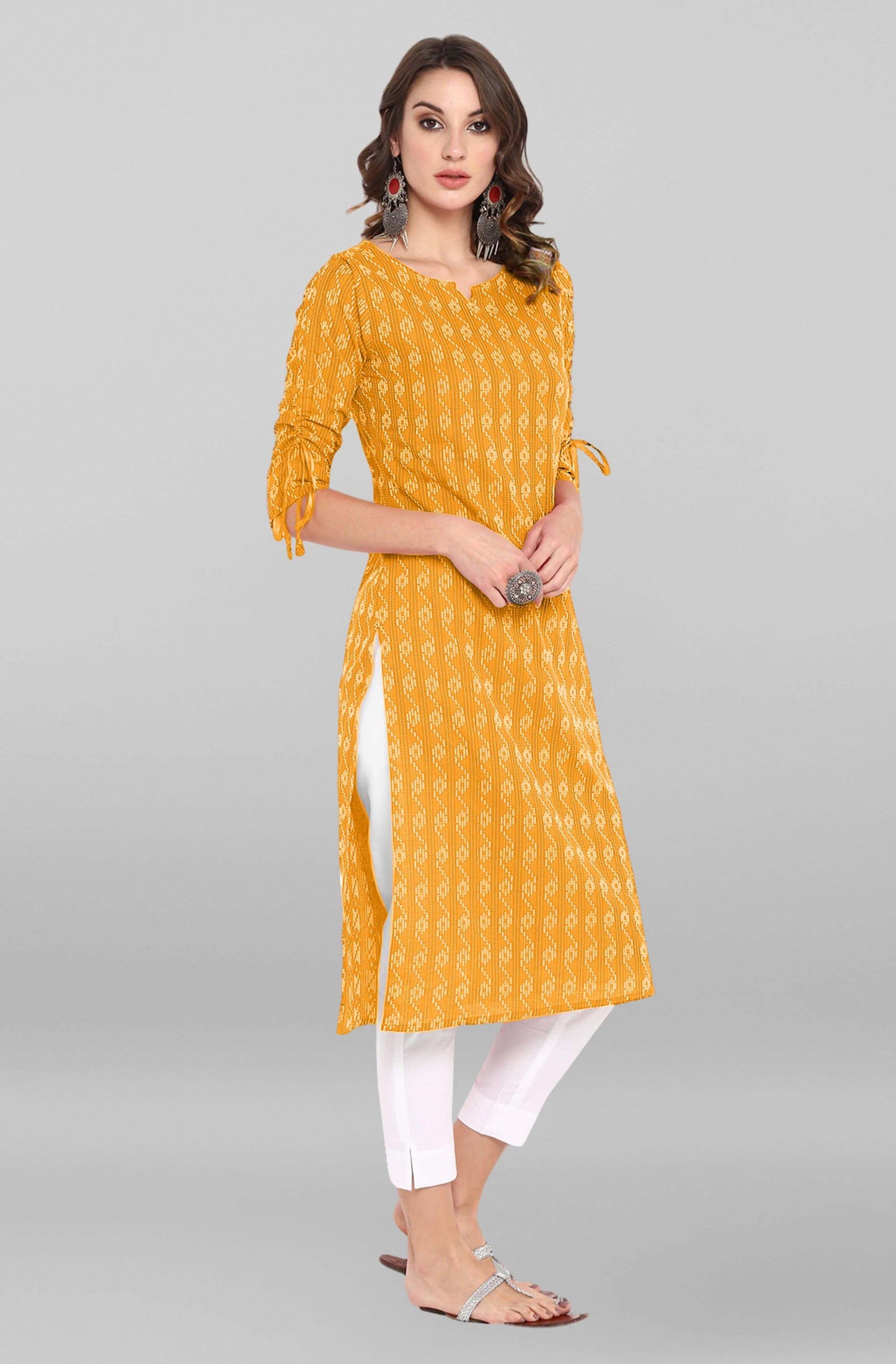 Yellow Cotton Woven Design Straight Kurta