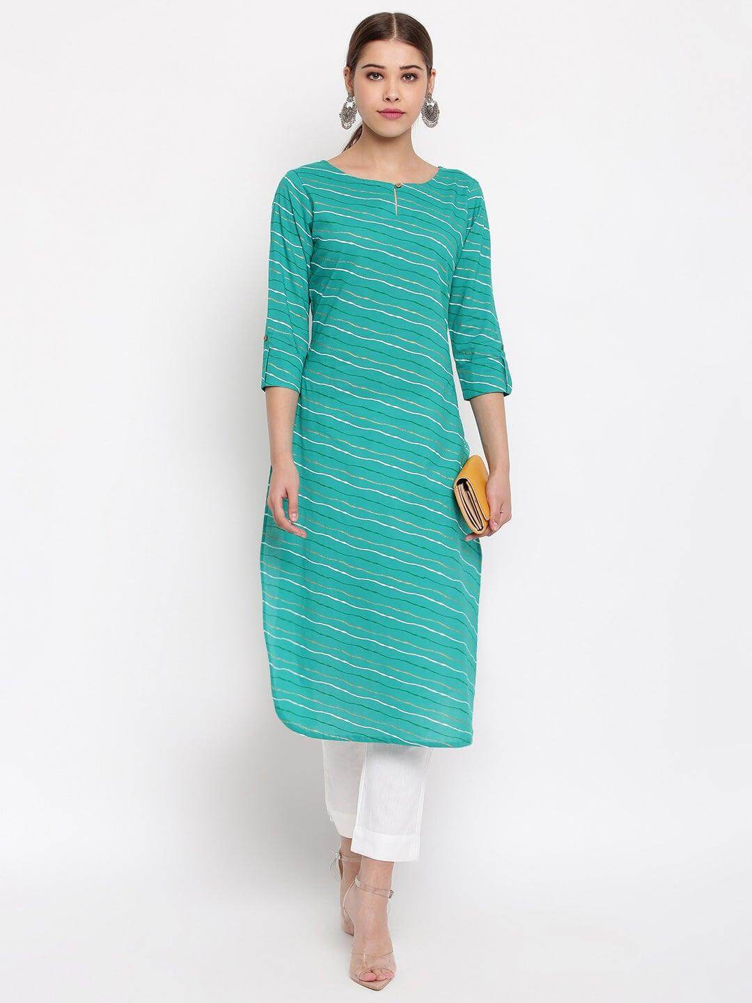 Sea Green Cotton Leheriya Straight Kurta