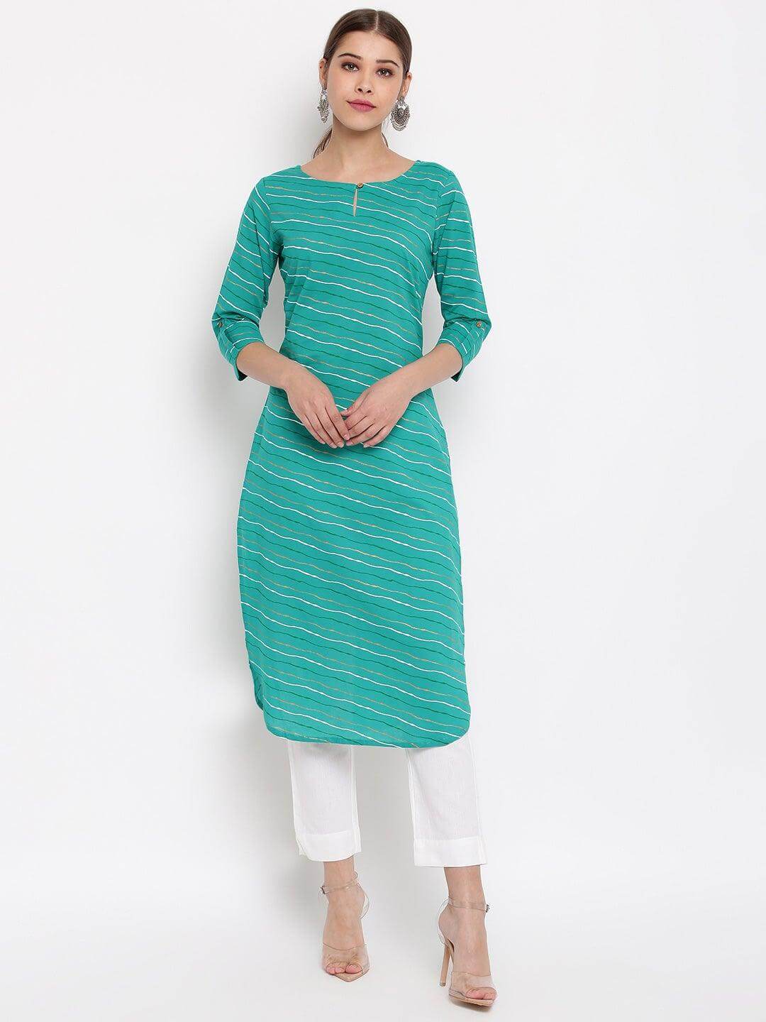 Sea Green Cotton Leheriya Straight Kurta