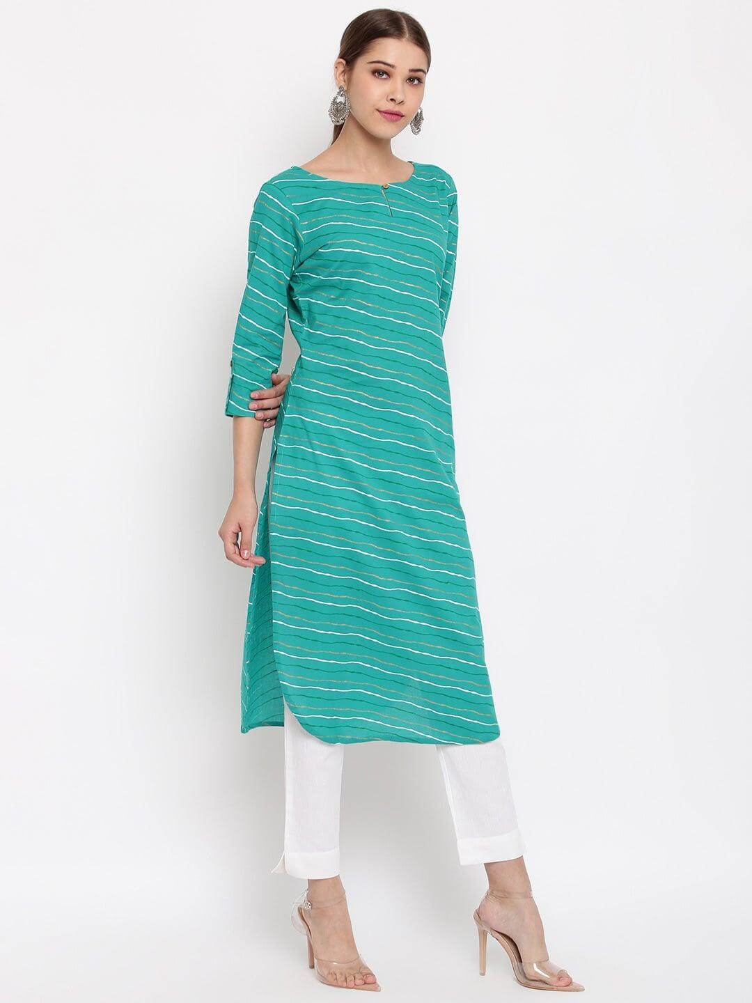 Sea Green Cotton Leheriya Straight Kurta