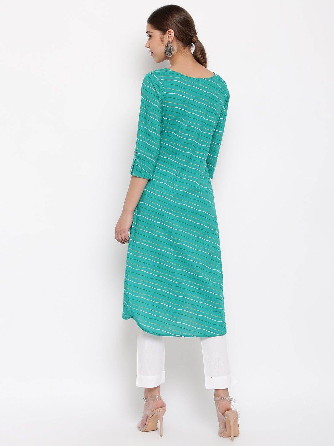 Sea Green Cotton Leheriya Straight Kurta