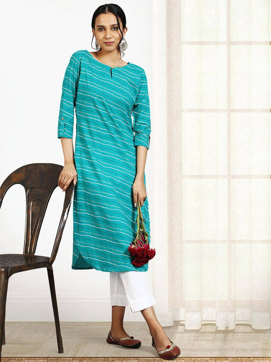 Sea Green Cotton Leheriya Straight Kurta