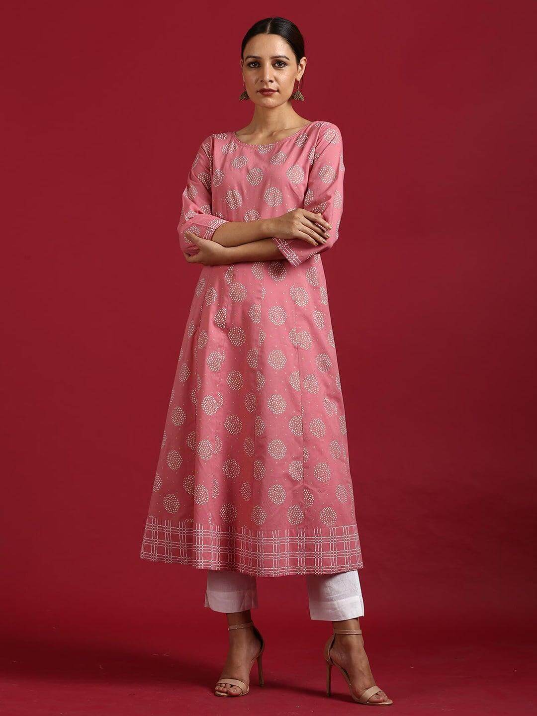 Pink Cotton Floral Print Anarkali Kurta