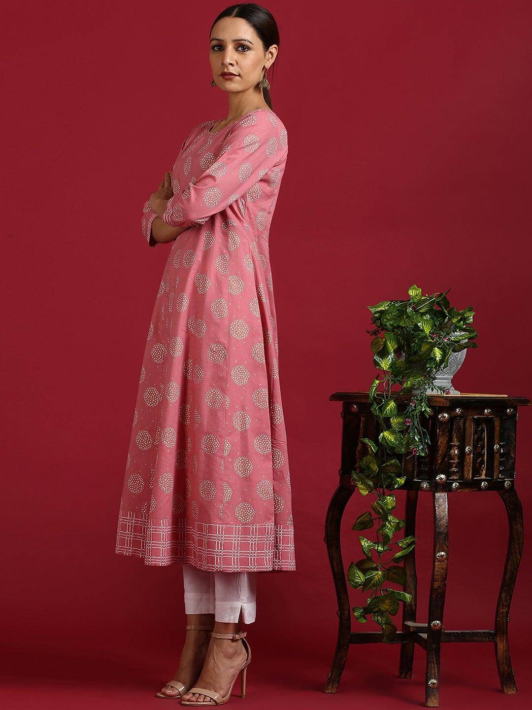 Pink Cotton Floral Print Anarkali Kurta