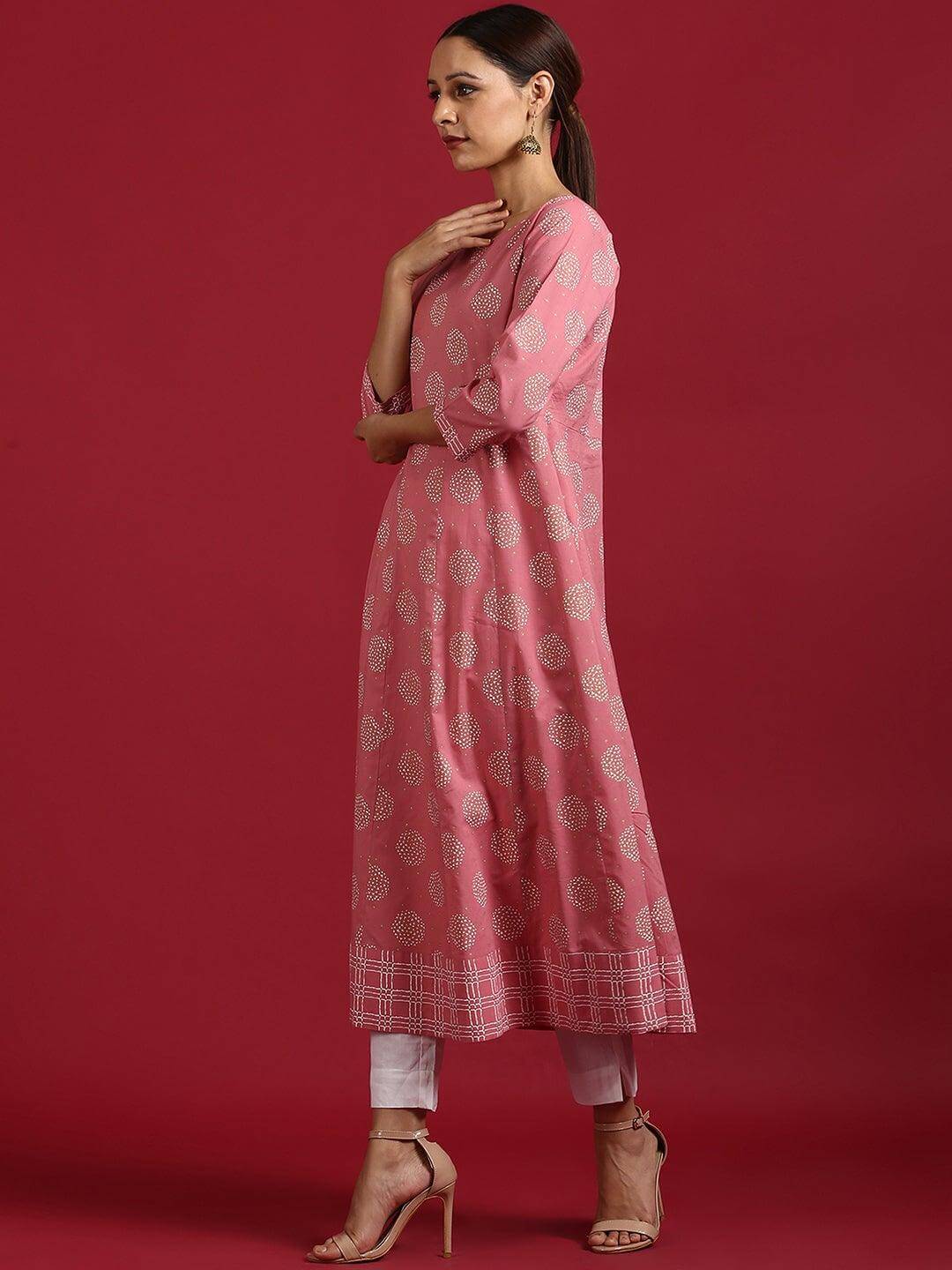 Pink Cotton Floral Print Anarkali Kurta
