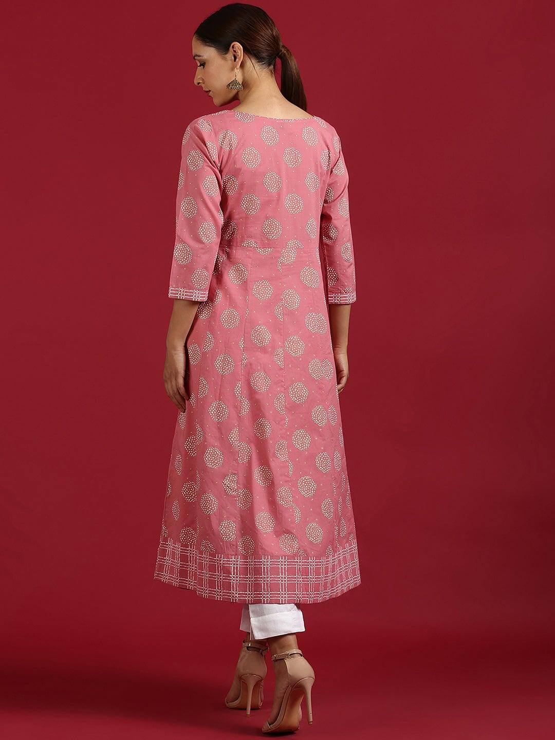 Pink Cotton Floral Print Anarkali Kurta